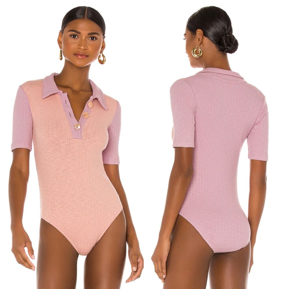 LoveShackFancy Womens Pink Colorblock Ribbed Polo Bodysuit Short‎ Sleeve XS